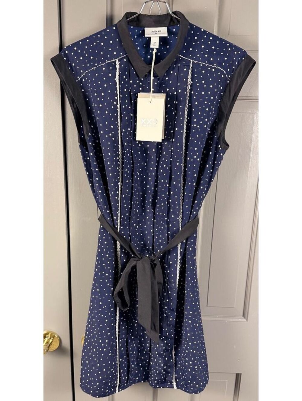 Jason Wu Target Navy Blue Polka Dot Dress Black Collar and Belt, Size M NWT